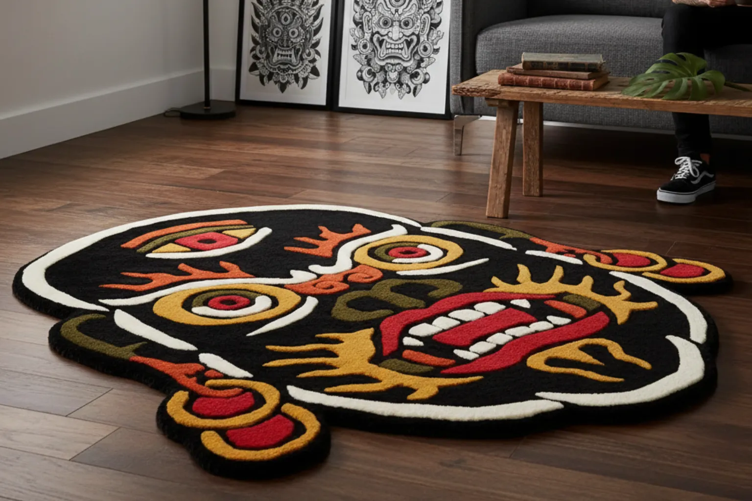 Mahakala mask rug from Sneagear's Tattoo Collection in a modern living room with a person with tattoos.
