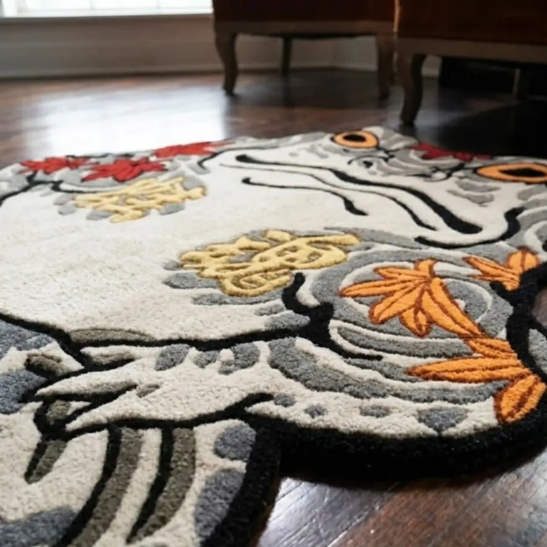 Angle view of the handmade Kaeru Ronin traditional Japanese tattoo style frog tufted area rug showcasing its organic contours on a wooden floor.