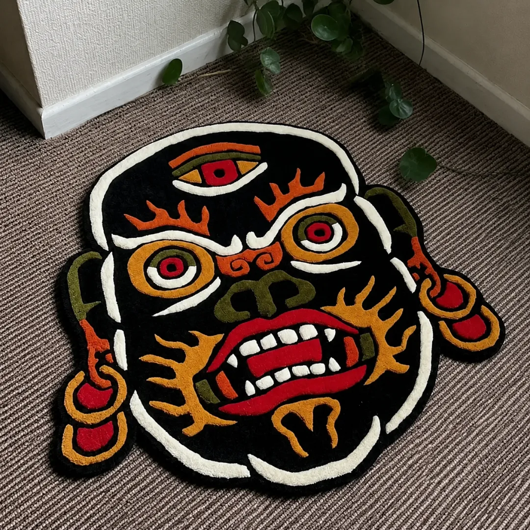 Angle view of the handmade Mahakala tufted rug showcasing its unique organic contours and intricate traditional spiritual artwork on a carpeted floor.