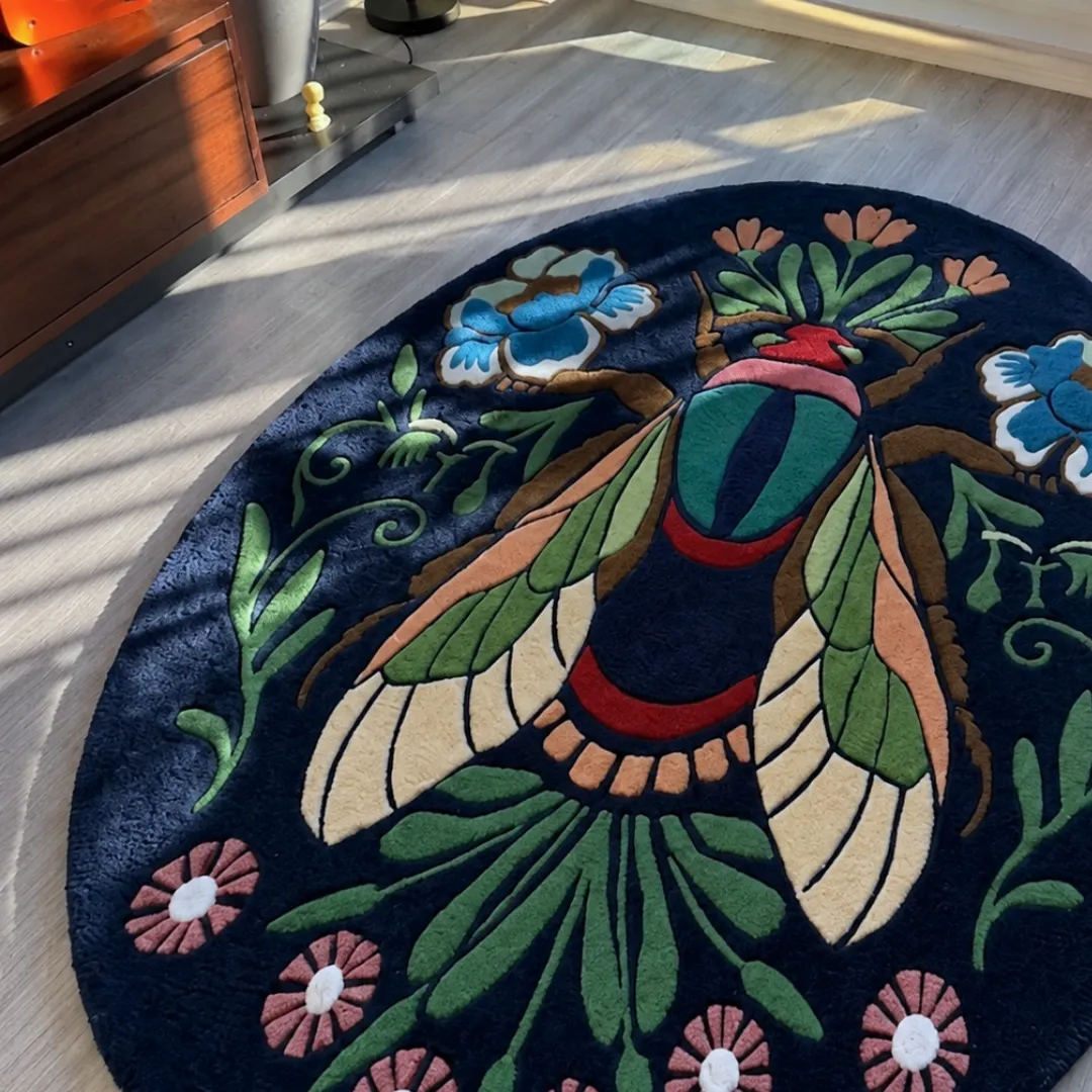 Close-up of the detailed tufted pile texture, intricate beetle design, and vibrant floral elements on the Boho Butterfly Insect rug.