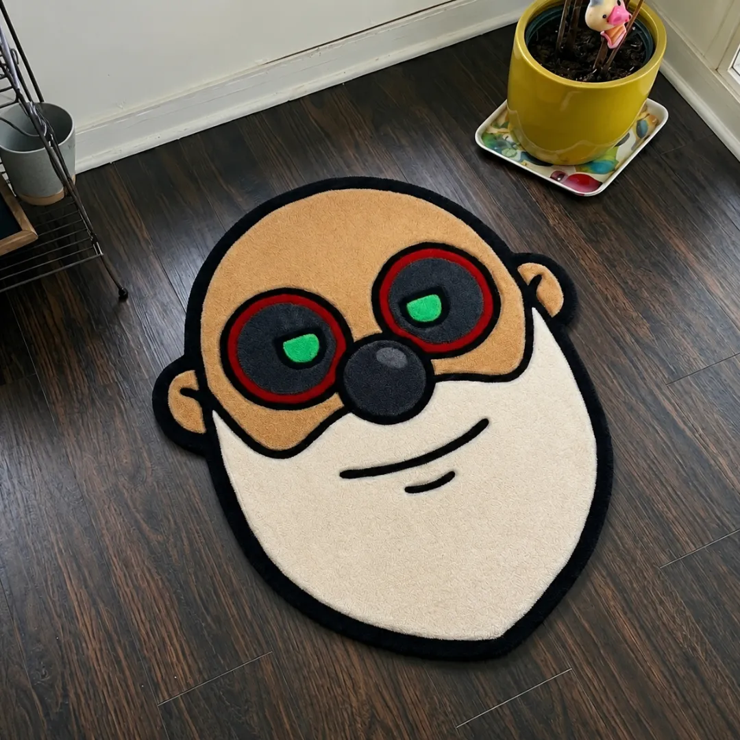 Close-up of the detailed tufted pile texture, sunglasses graphic, and beard design on the Master Roshi rug.