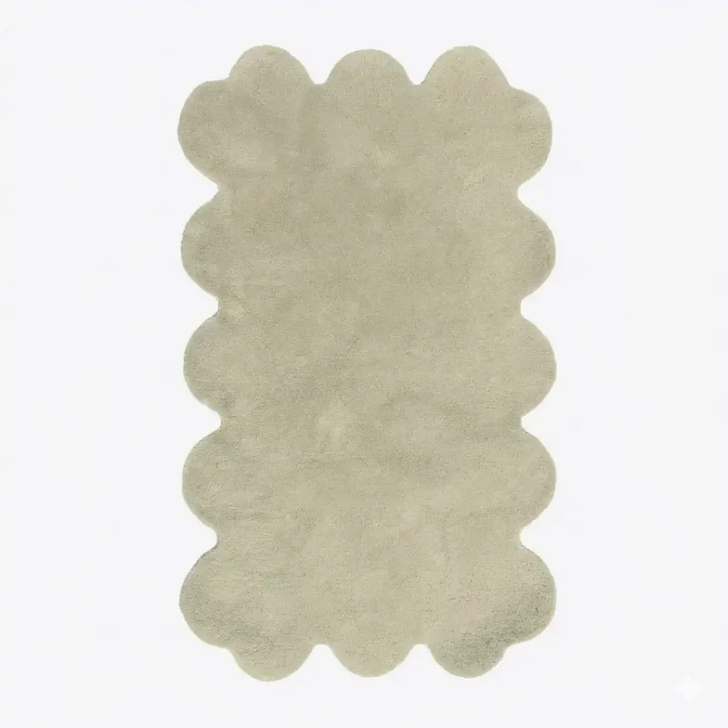 Top down view of the Scallop Solid Green rug, featuring a minimalist one-color design with a thick hand-tufted wool pile and custom shaped scalloped edges.
