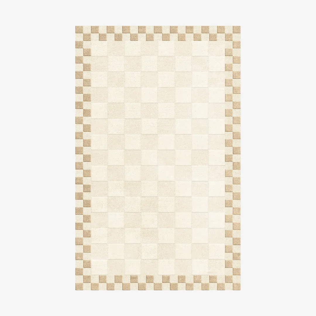 Brown Checkered Rug. Featuring a beige and brown plaid design, this piece is hand tufted using premium New Zealand wool for long-lasting softness and durability.