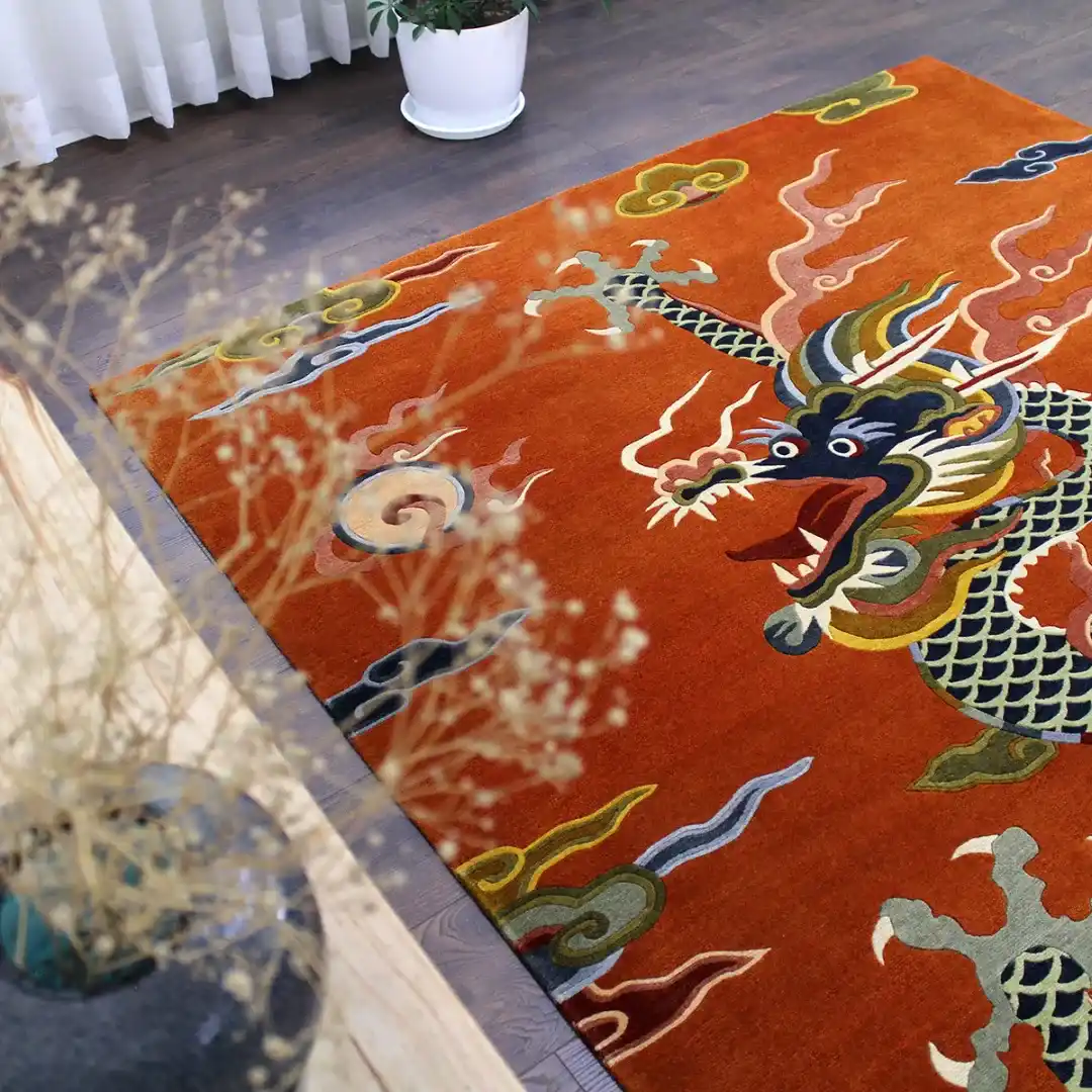 Spiritual Orange Tibetan Dragon Rug Hand Tufted Wool