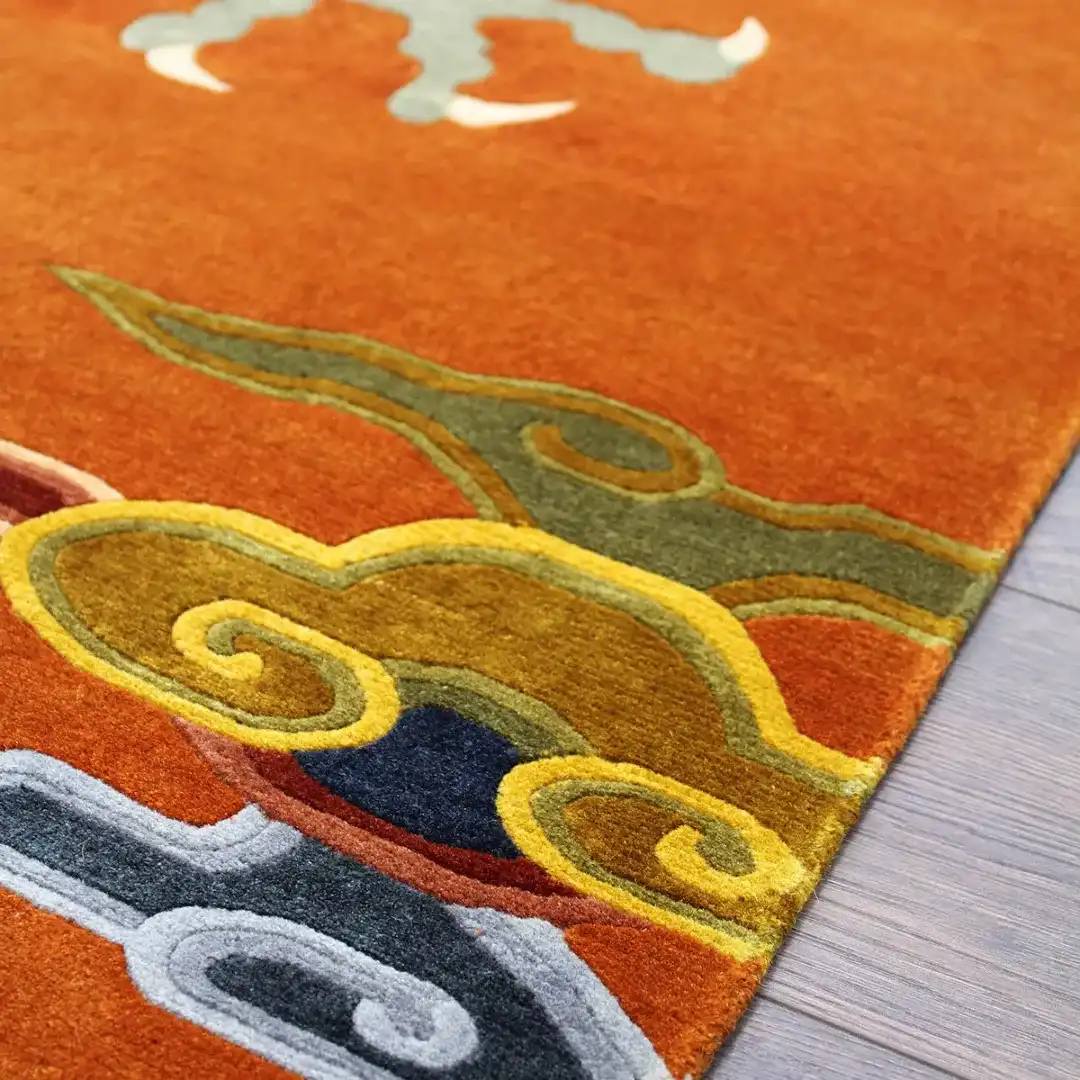 Orange Tibetan Dragon Wool Rug Hand Tufted & Durable