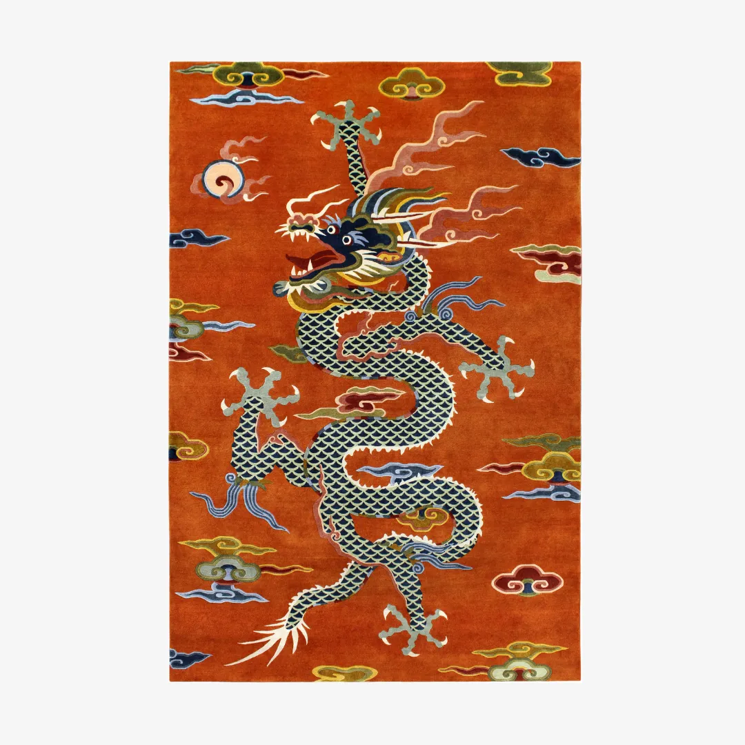 Hand Tufted Orange Tibetan Dragon Wool Rug Unique Design