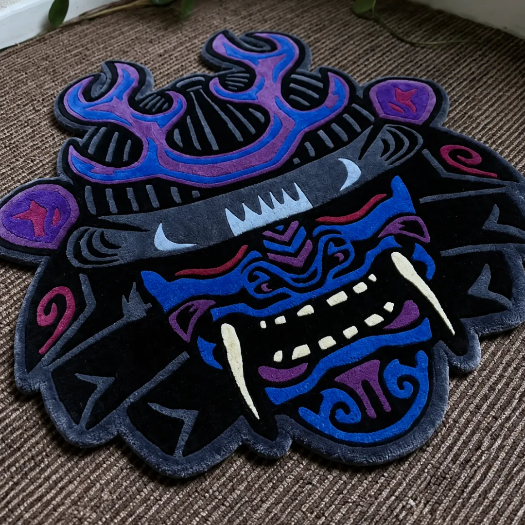 Angle view of the handmade Samurai Oni Mask tufted rug showcasing its unique armor contours and blue and purple color tones.