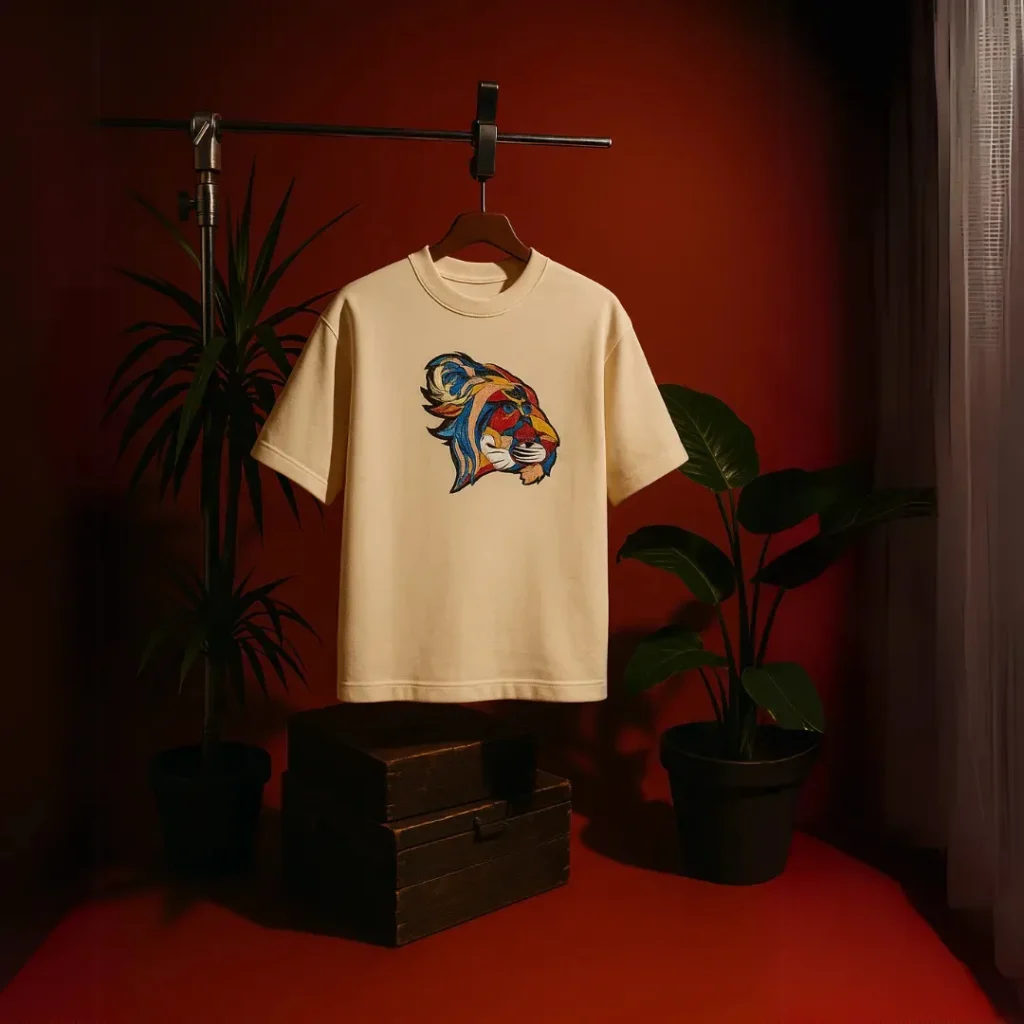 Beige short-sleeve t-shirt with a vibrant multicolor embroidered lion face, displayed on a hanger with a warm-toned indoor background and plants.
