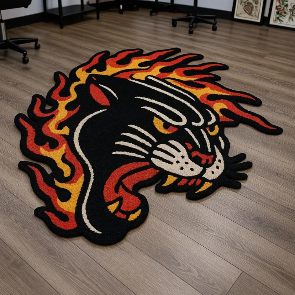 Custom panther-shaped rug with fire details in modern studio room