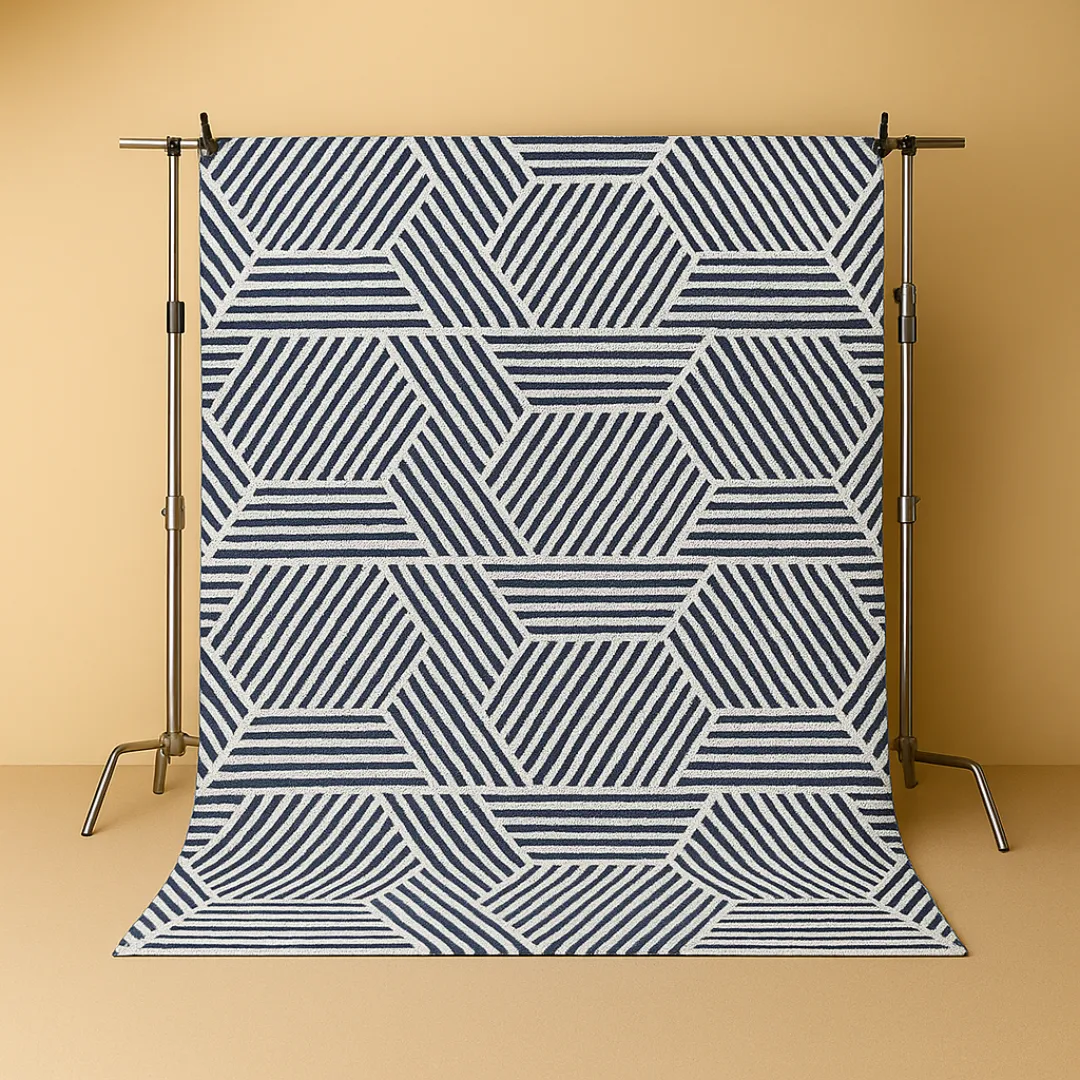Bold geometric pattern rug in modern tones displayed on hanger – explore geometric rugs collection