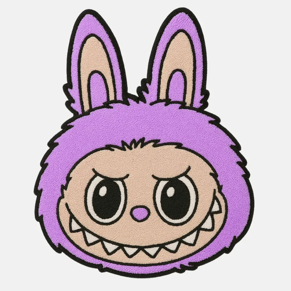 Lavender Labubu character rug with stitched smile and sharp ears
