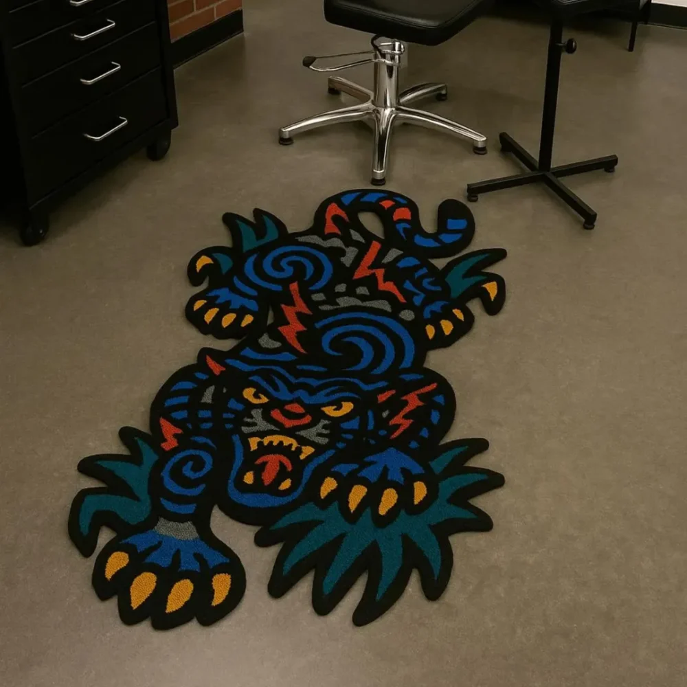 Close-up of red, blue, and gold tattoo-style details
