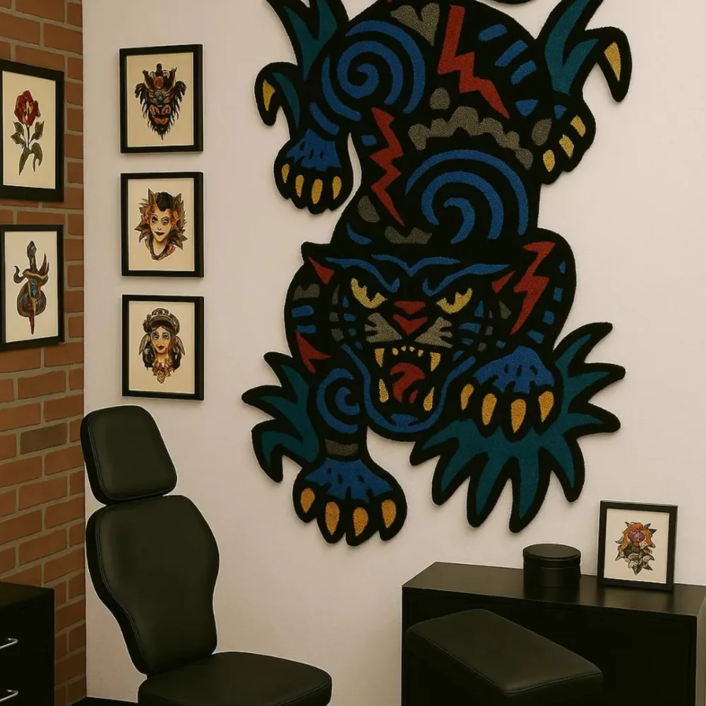 Artistic crouching panther rug placed in a studio