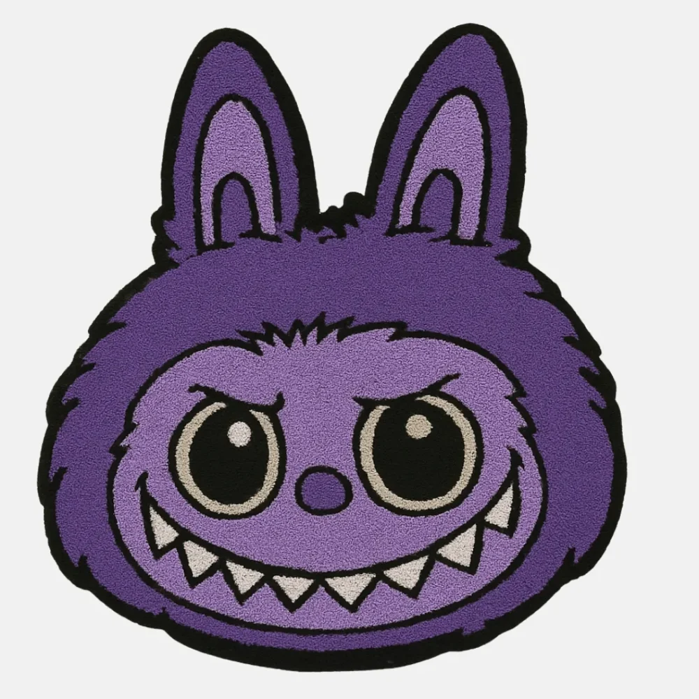 Purple Labubu character rug with bold eyes and stitched grin