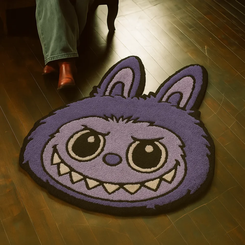 Purple Labubu rug in a playful or gaming interior