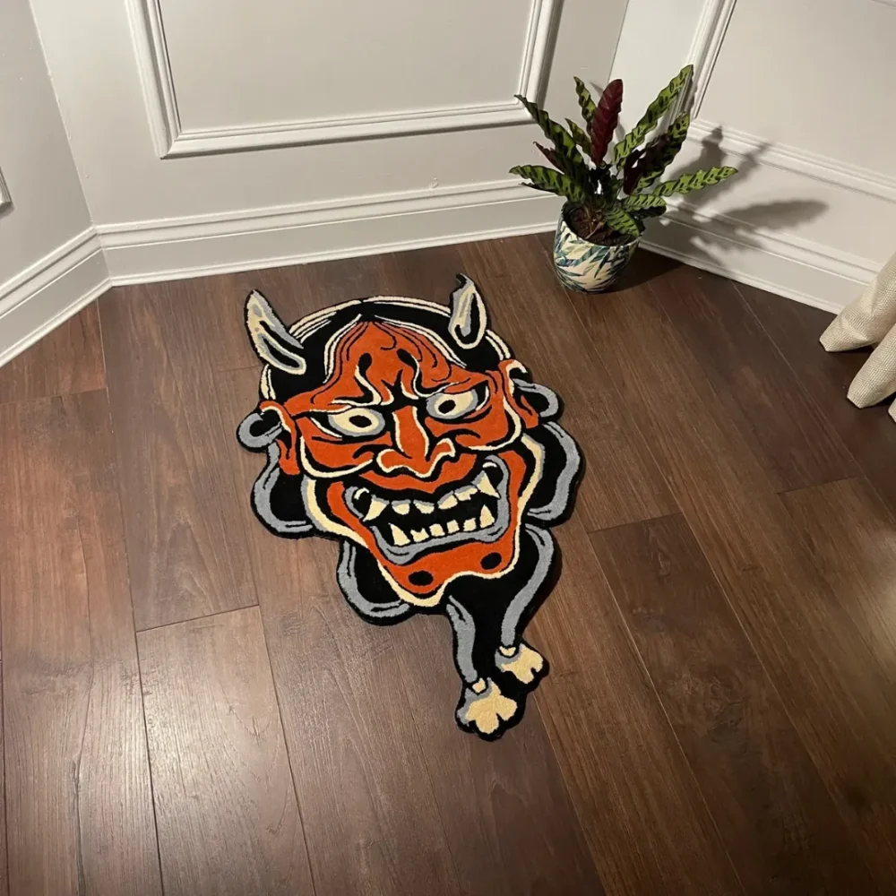 Red Hannya Mask Rug – Japanese tattoo-inspired floor art