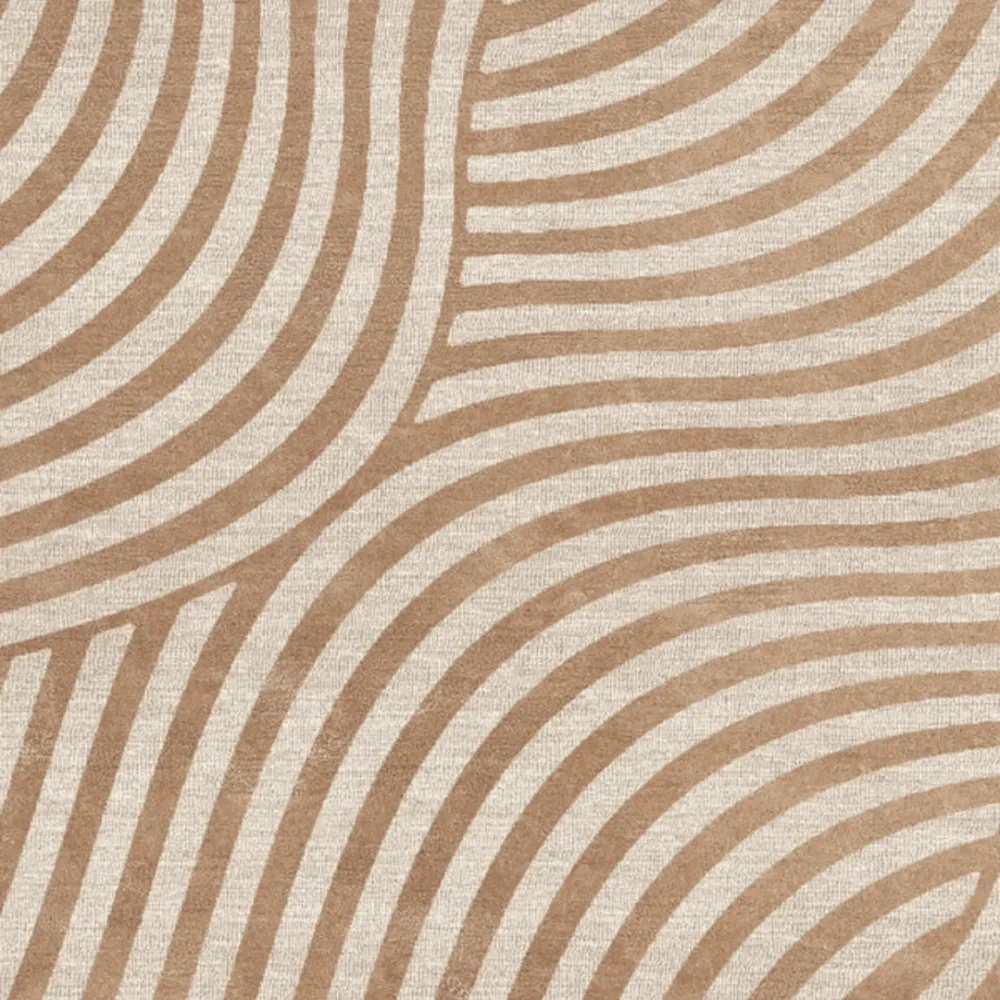 Beige area rug placed in neutral living room with natural light