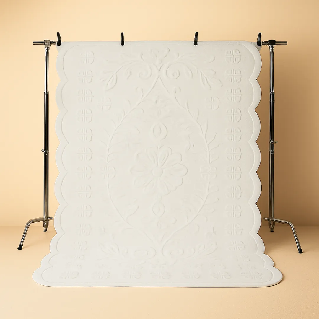 Elegant scallop-edge rug with textured finish hanging for display – browse scallop rugs at Sneagear”