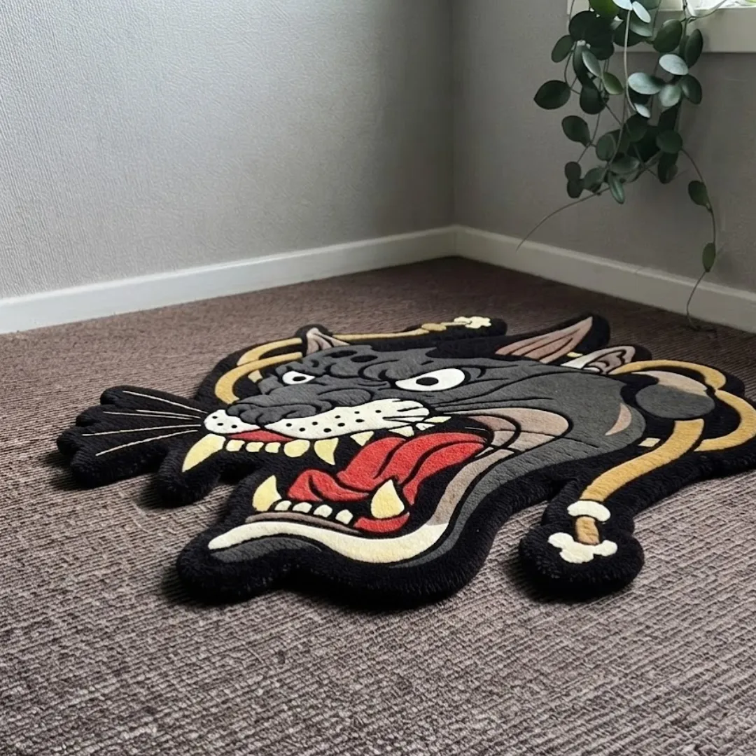 Angle view of the handmade Shadow Growl tufted rug showcasing its unique panther contours and traditional tattoo design on a carpeted floor.