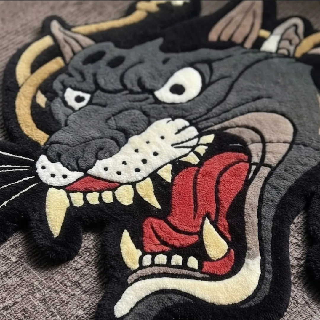 Close-up of the detailed tufted pile texture, snarling expression, and sharp teeth on the Shadow Growl rug.
