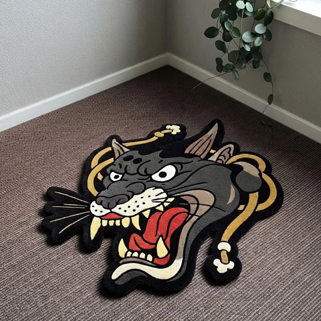 Shadow Growl traditional tattoo style panther shaped tufted area rug displayed flat on a carpeted floor.