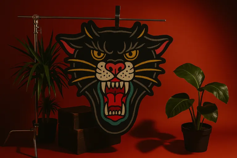 Tattoo-inspired panther rug displayed on a stand with indoor plants and red backdrop