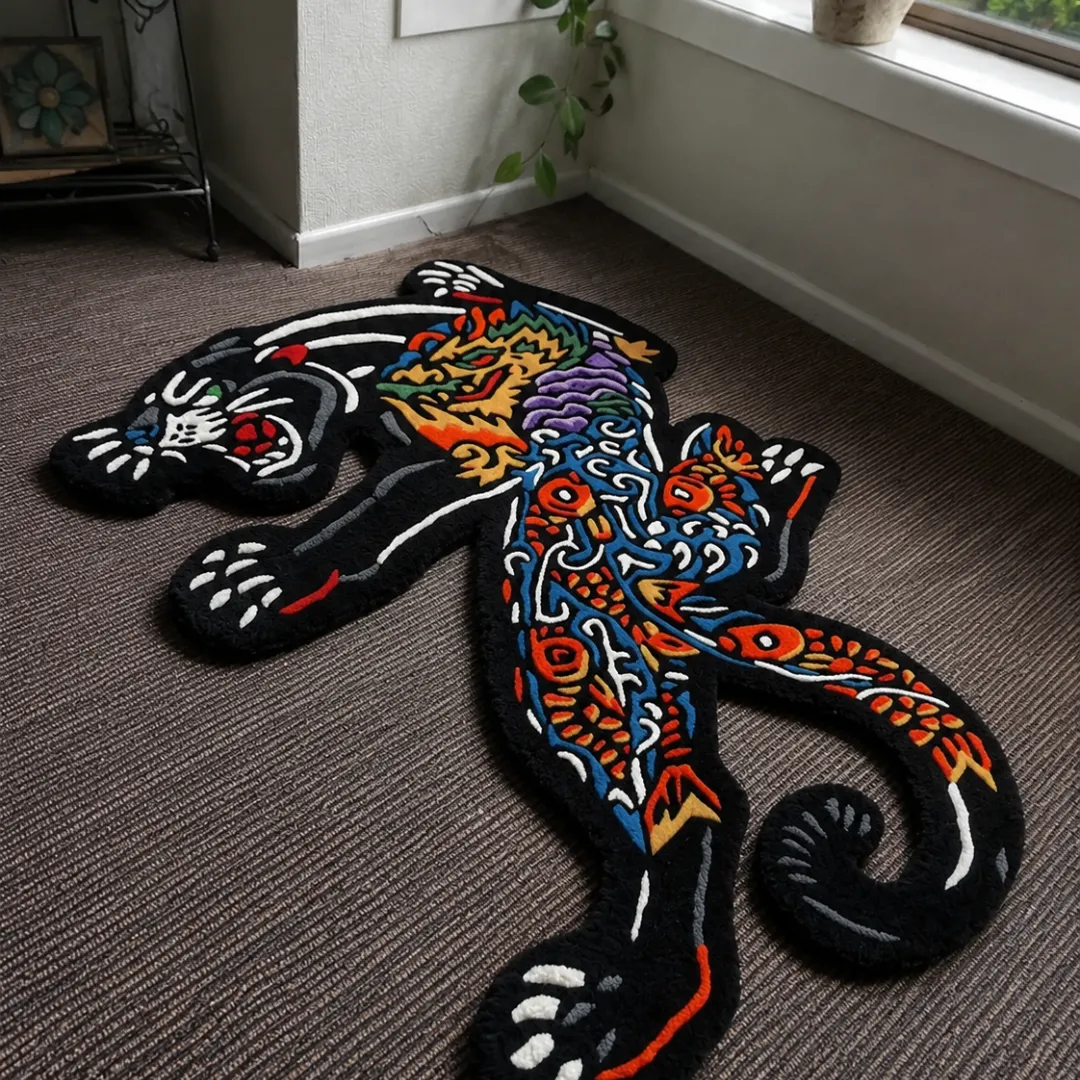 Angle view of the handmade Tattoo Panther tufted rug showcasing its unique panther contours and bold traditional tattoo design.
