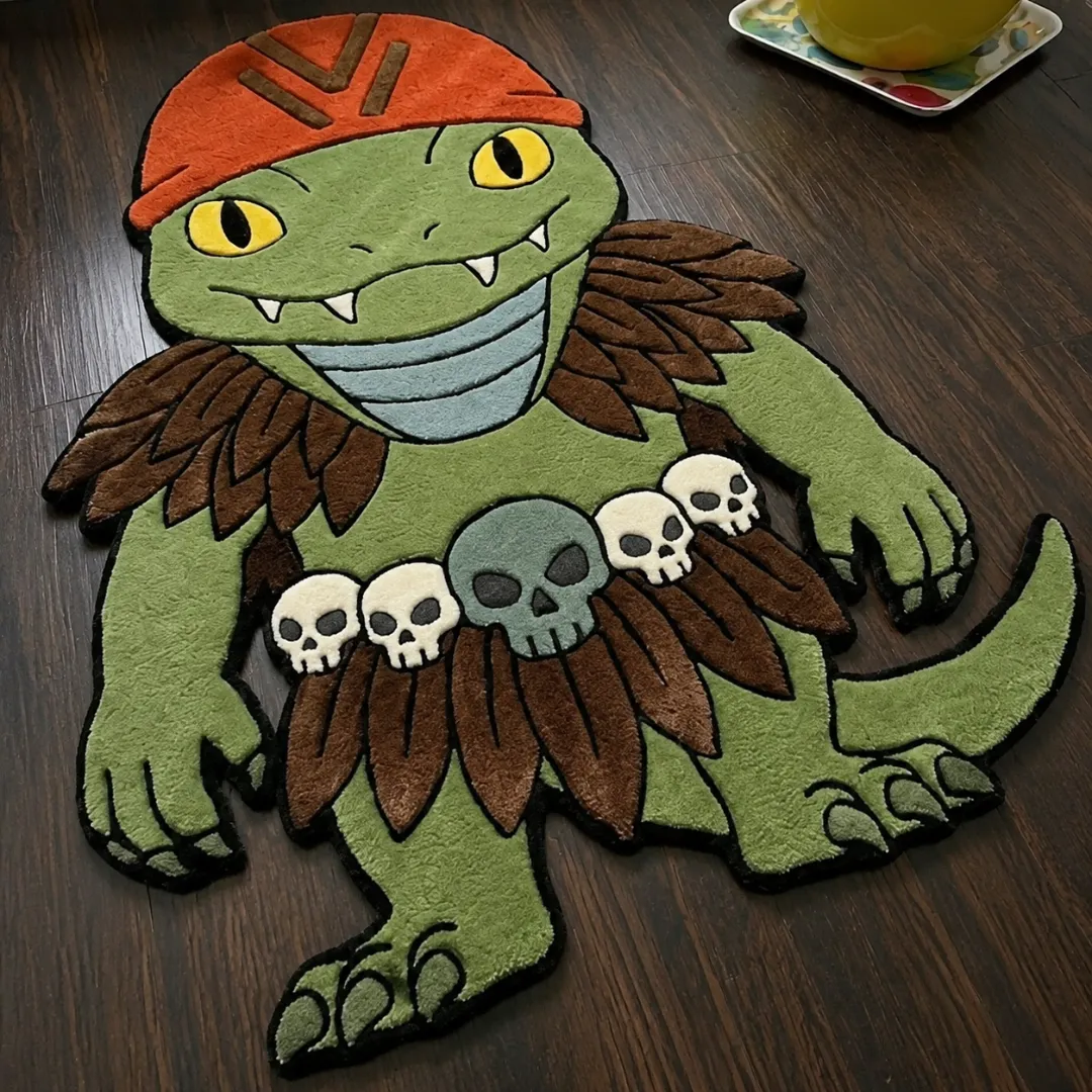 Angle view of the handmade Warrior Toad tufted rug showcasing its unique organic contours and skull belt design.