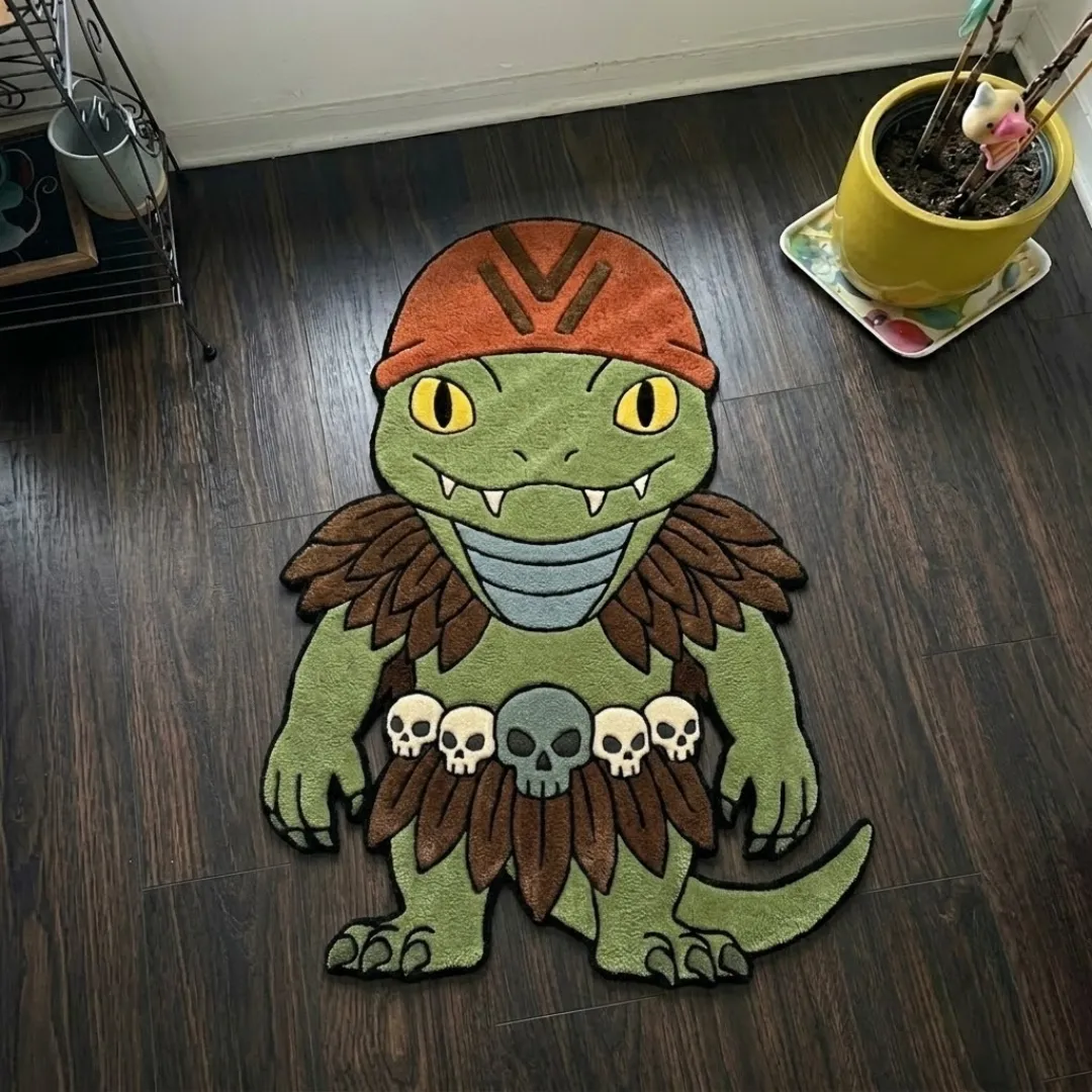 Warrior Toad fantasy lizard warrior shaped tufted area rug displayed flat on a dark wooden floor.