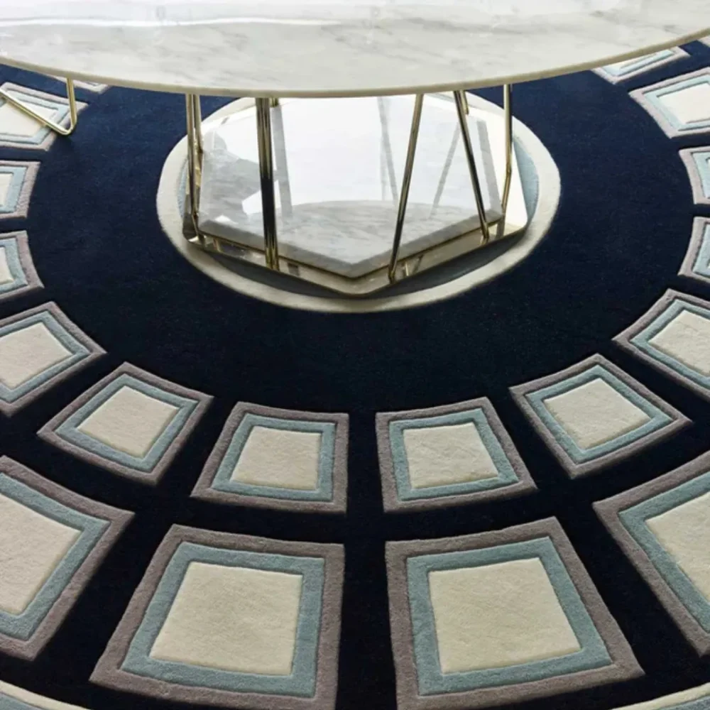 Geometric circular rug with bold square design