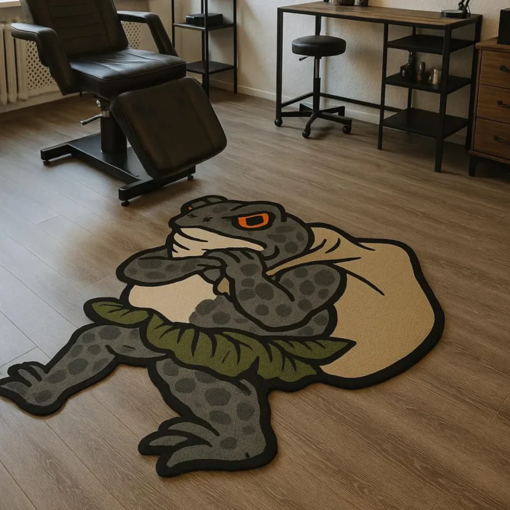 Cartoon frog rug with spotted body, leafy belt, and tan backpack – Backpack Frog Rug by Sneagear