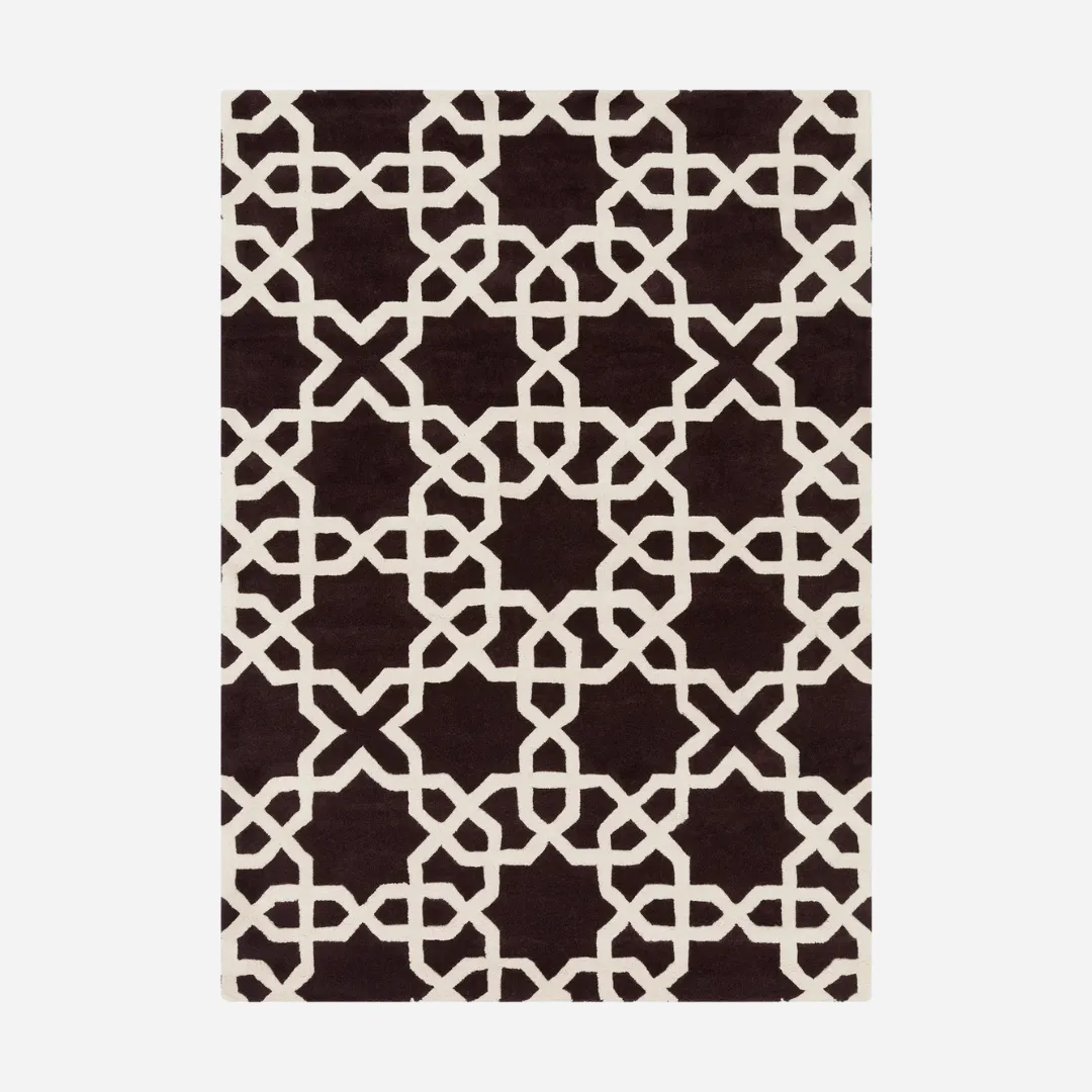 Brown and cream wool rug with geometric star pattern