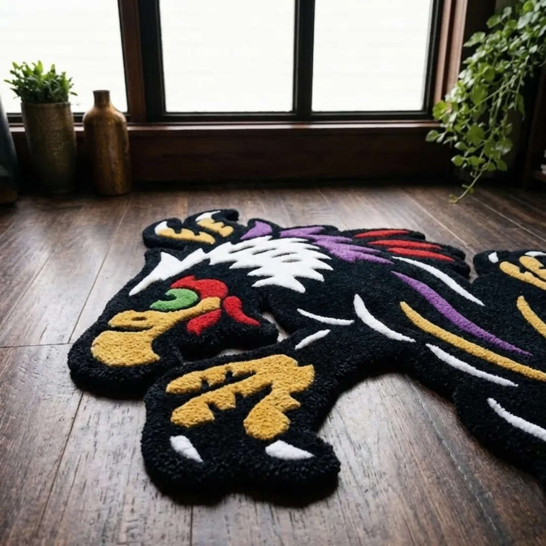 An angled perspective shot of a hand-tufted crawling eagle rug, highlighting its expressive bird silhouette and high-quality tufted wool texture on a dark wooden floor.