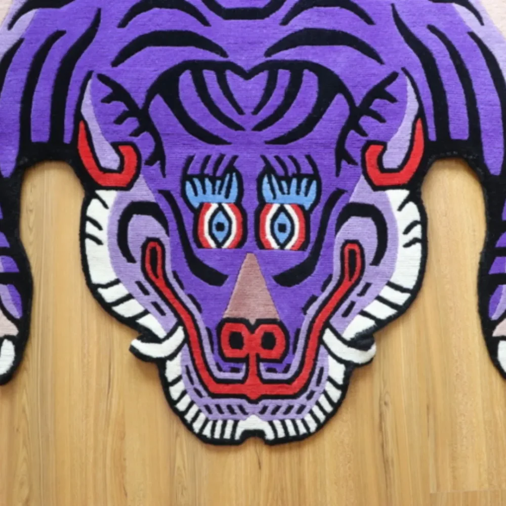 Purple tiger shaped inspired rug with bold stripes and vibrant design.