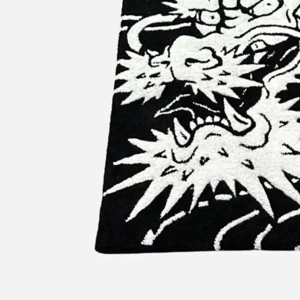 Bold dragon wool rug with dramatic black and white colors