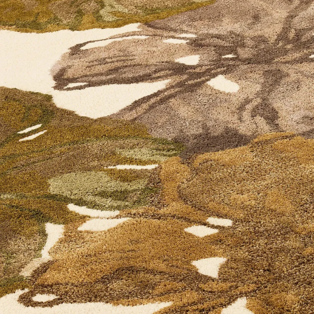 Earthy floral wool rug with bold brown and green flowers