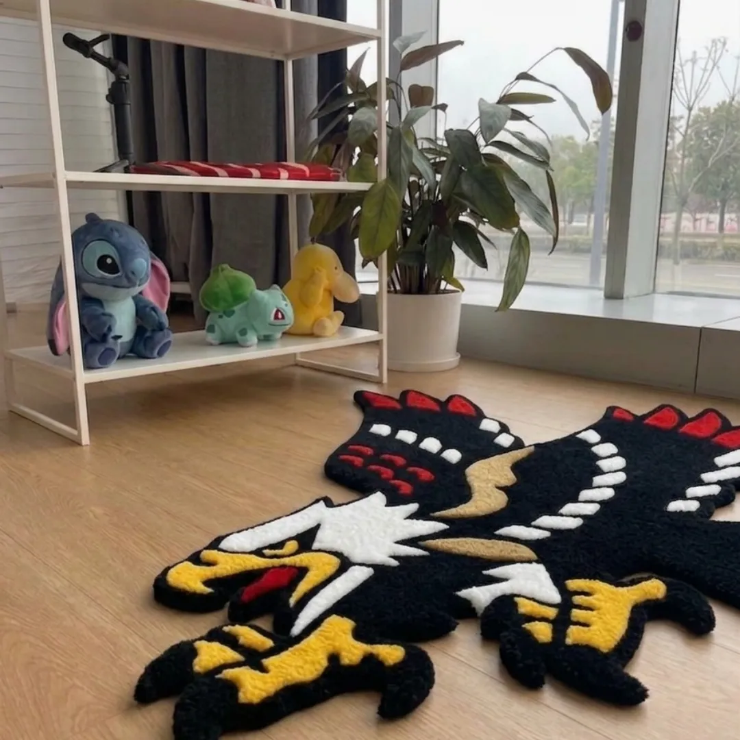An angled perspective shot of a hand-tufted flying eagle rug, highlighting its expressive bird silhouette and high-quality tufted wool texture on a wooden floor.