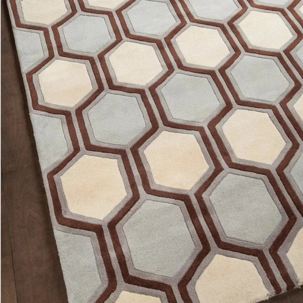 Modern wool rug with geometric blue and white hexagons