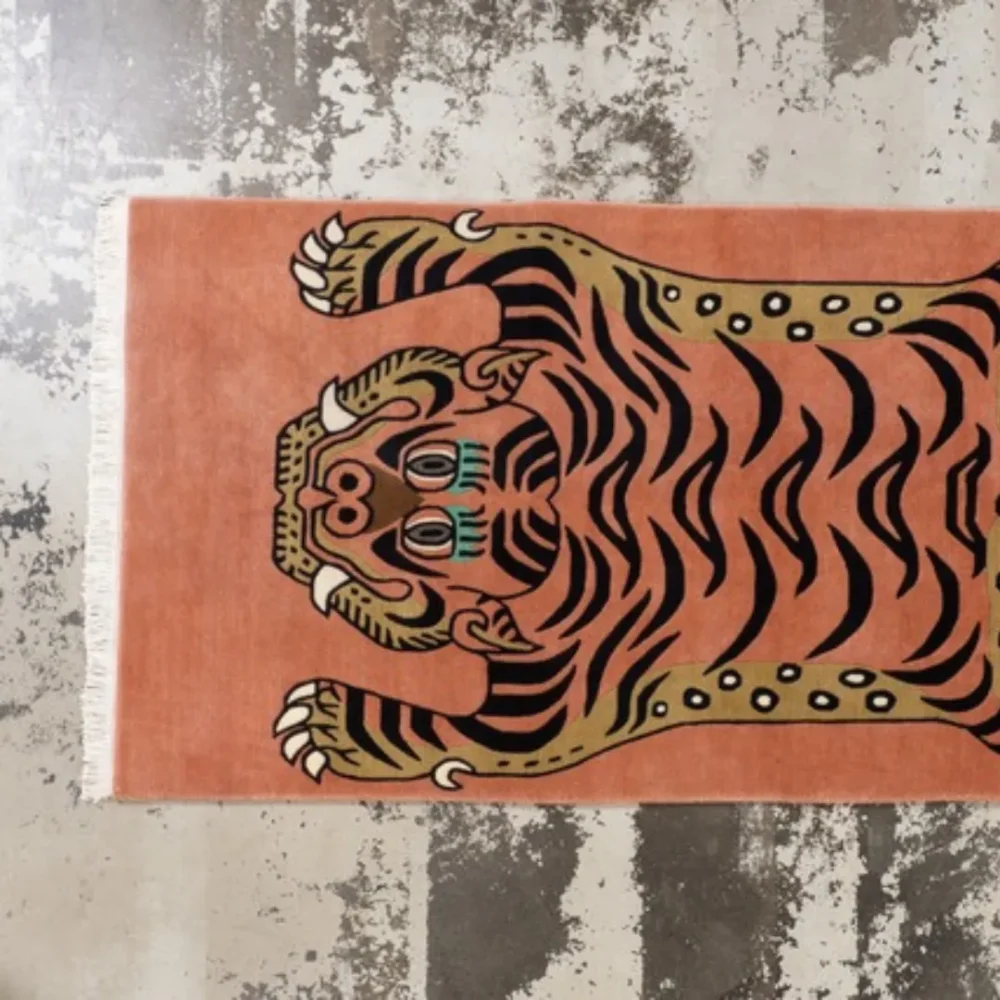This piece draws inspiration from ancient Tibetan tiger rugs, long used as meditation aids and protective talismans.