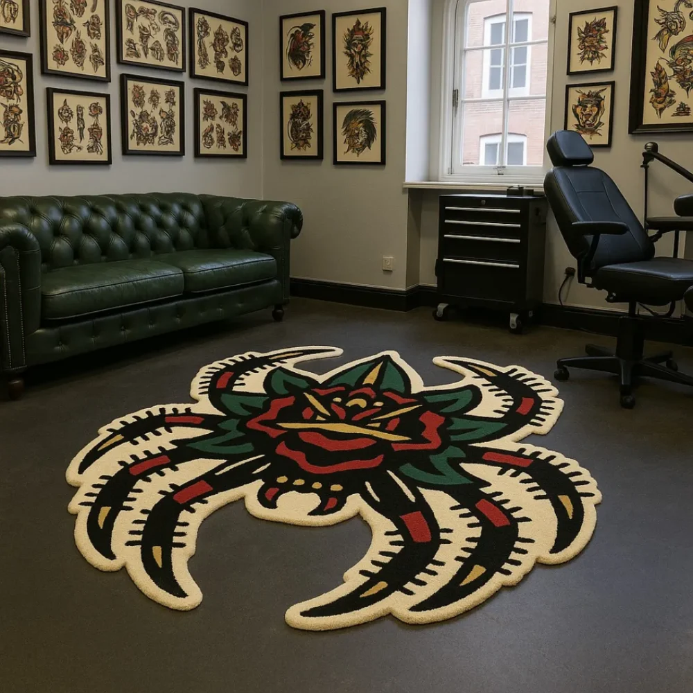 Tattoo-inspired rug in the shape of a spider with a rose center, detailed with red, black, green, and beige.