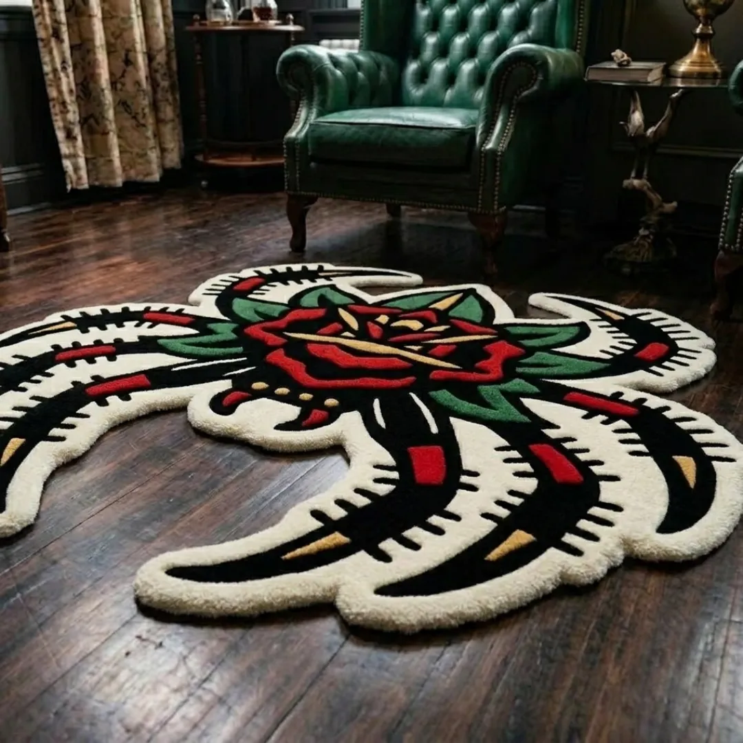 An angled perspective shot of a hand-tufted rose spider tattoo rug, highlighting its expressive creature silhouette and the high-quality wool texture on a wooden floor.