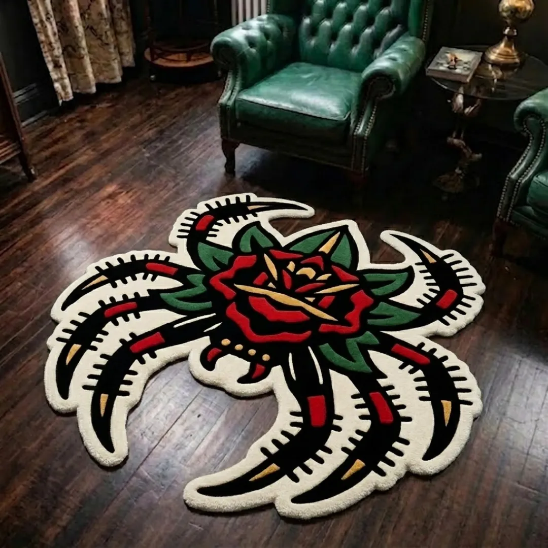 A top-down studio product photograph of a unique, spider-shaped area rug featuring a central red rose tattoo motif and black-and-red spider legs, displayed on a wooden floor.