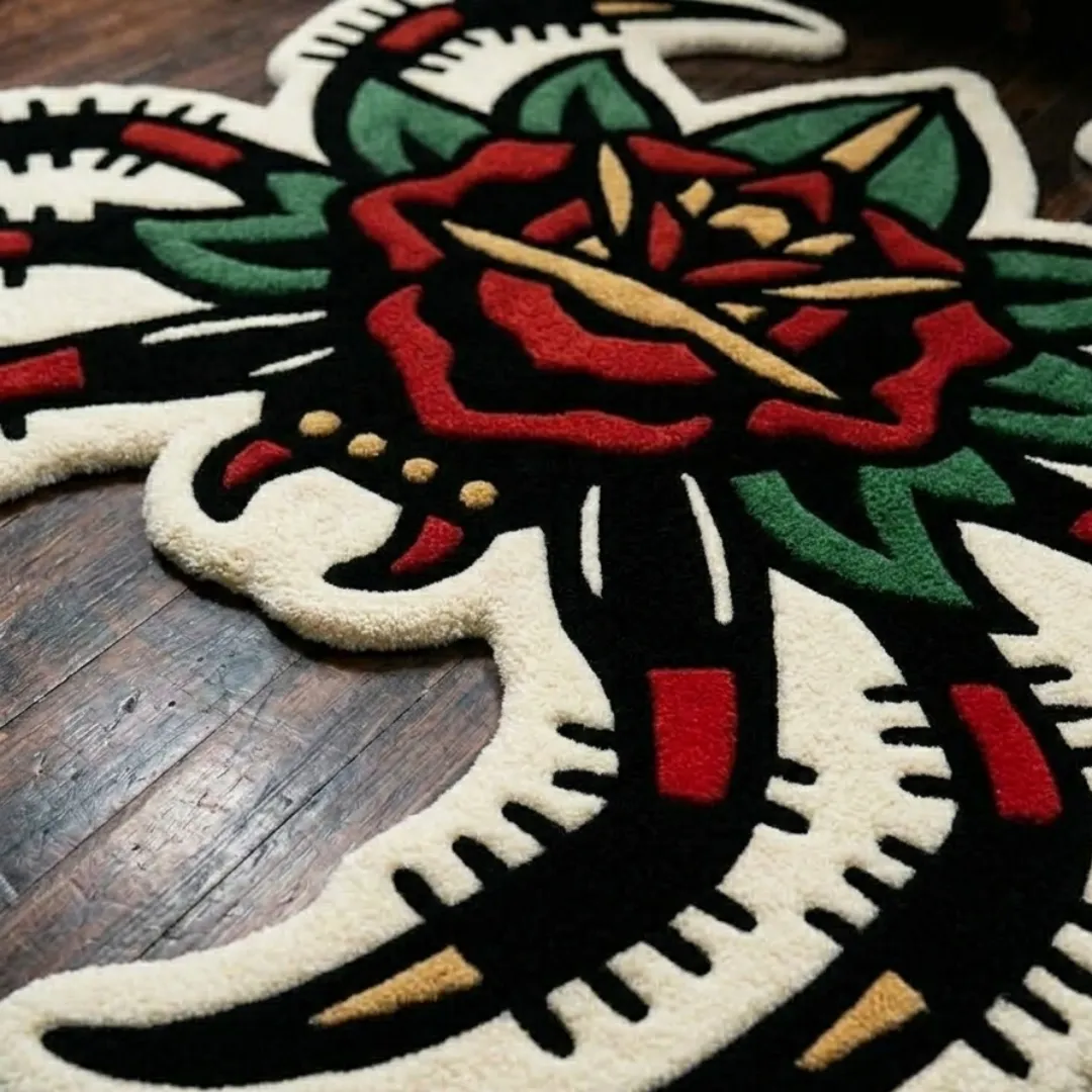 A macro close-up of the rose spider tattoo rug, focusing on the dense, tufted wool pile and the intricate graphic design of the central rose and spider legs.