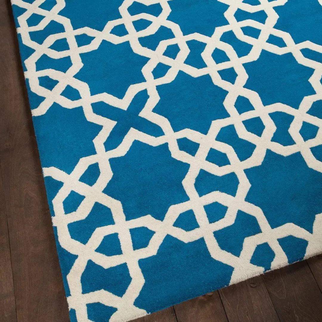 Moroccan-style geometric rug in blue and white