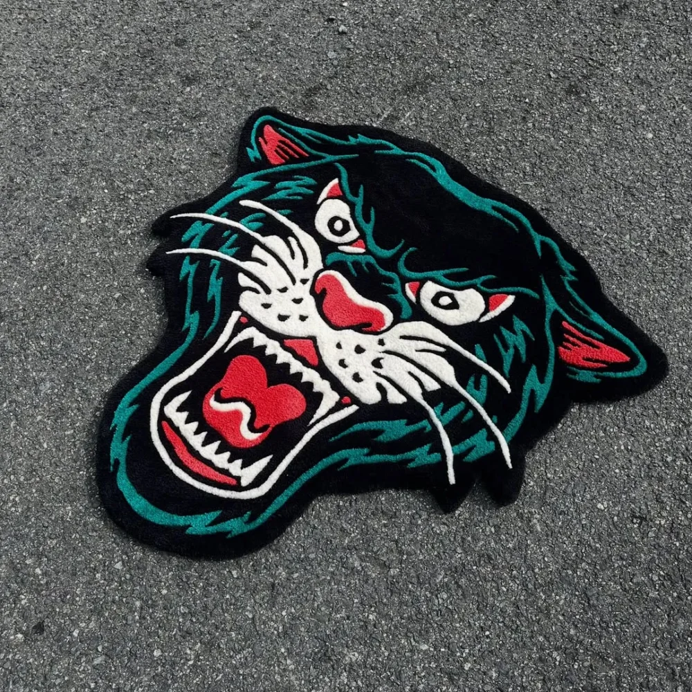 Savage tattoo art-inspired panther wool rug for modern spaces