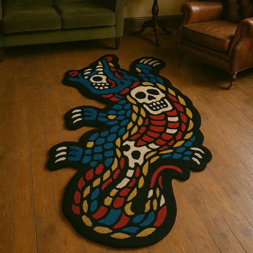 Wool rug with tattoo-inspired crocodile design