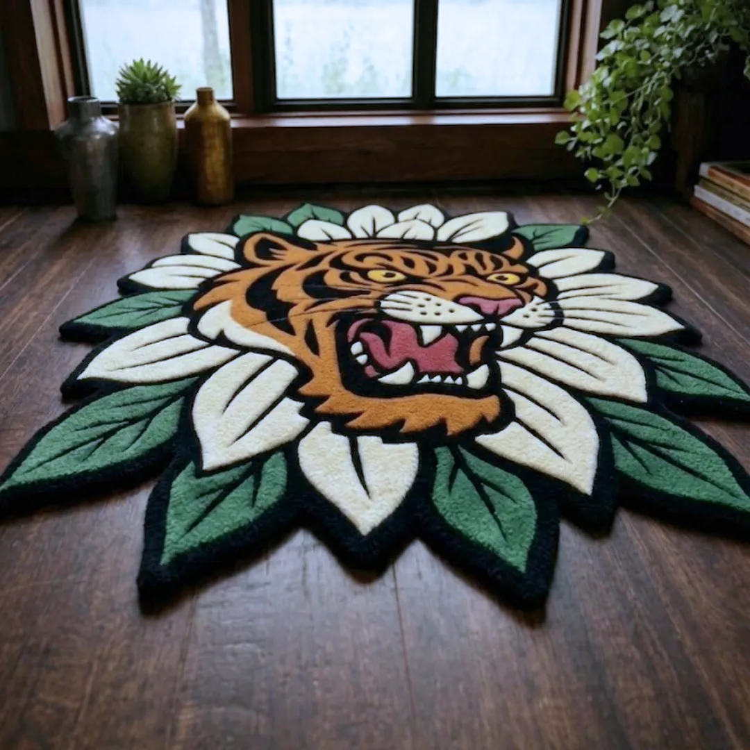 An angled perspective shot of a hand-tufted tiger flower rug, highlighting its expressive floral silhouette and the high-quality wool texture on a wooden floor.