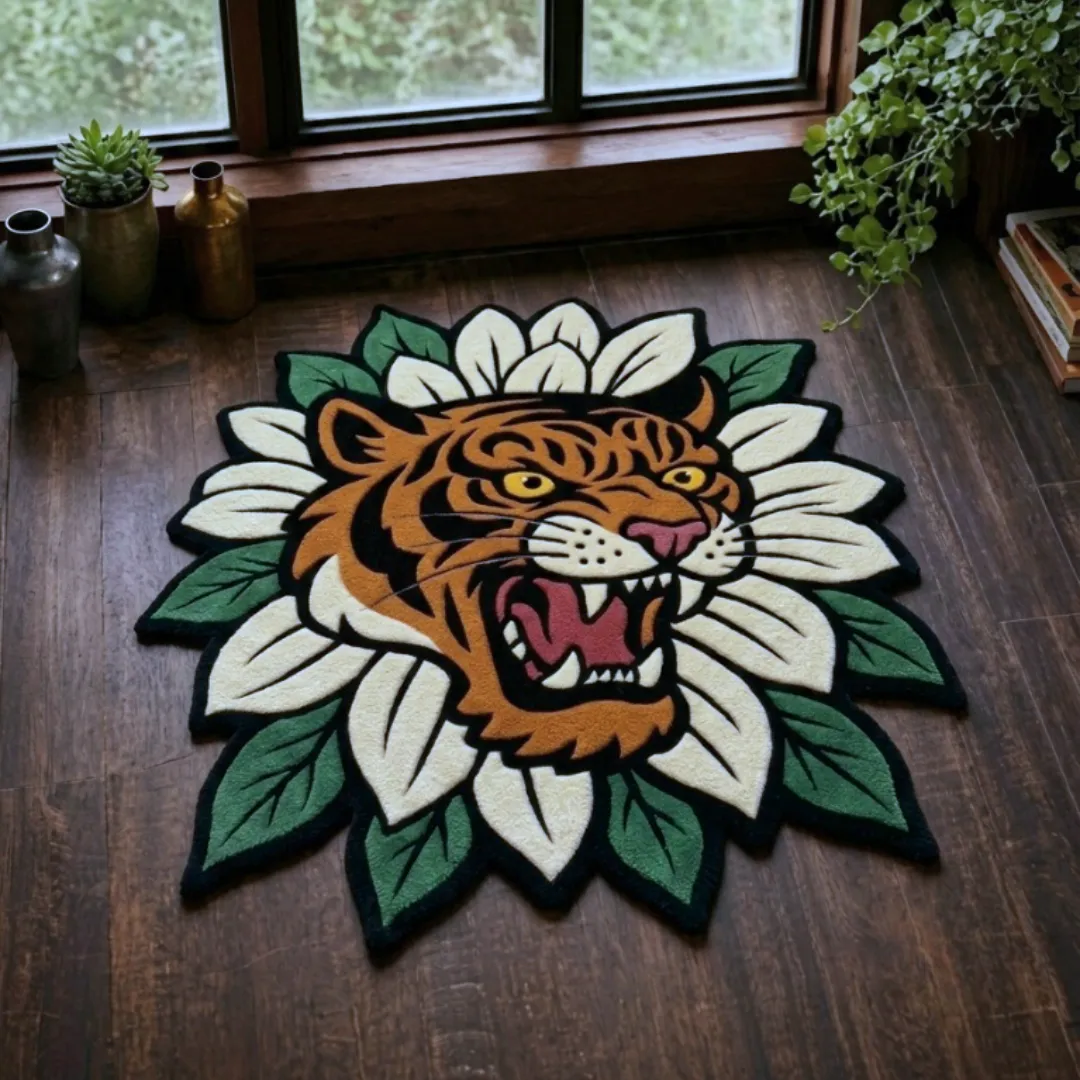 A top-down studio product photograph of a unique, flower-shaped area rug featuring a roaring tiger face motif surrounded by white petals and green leaves, displayed on a wooden floor.