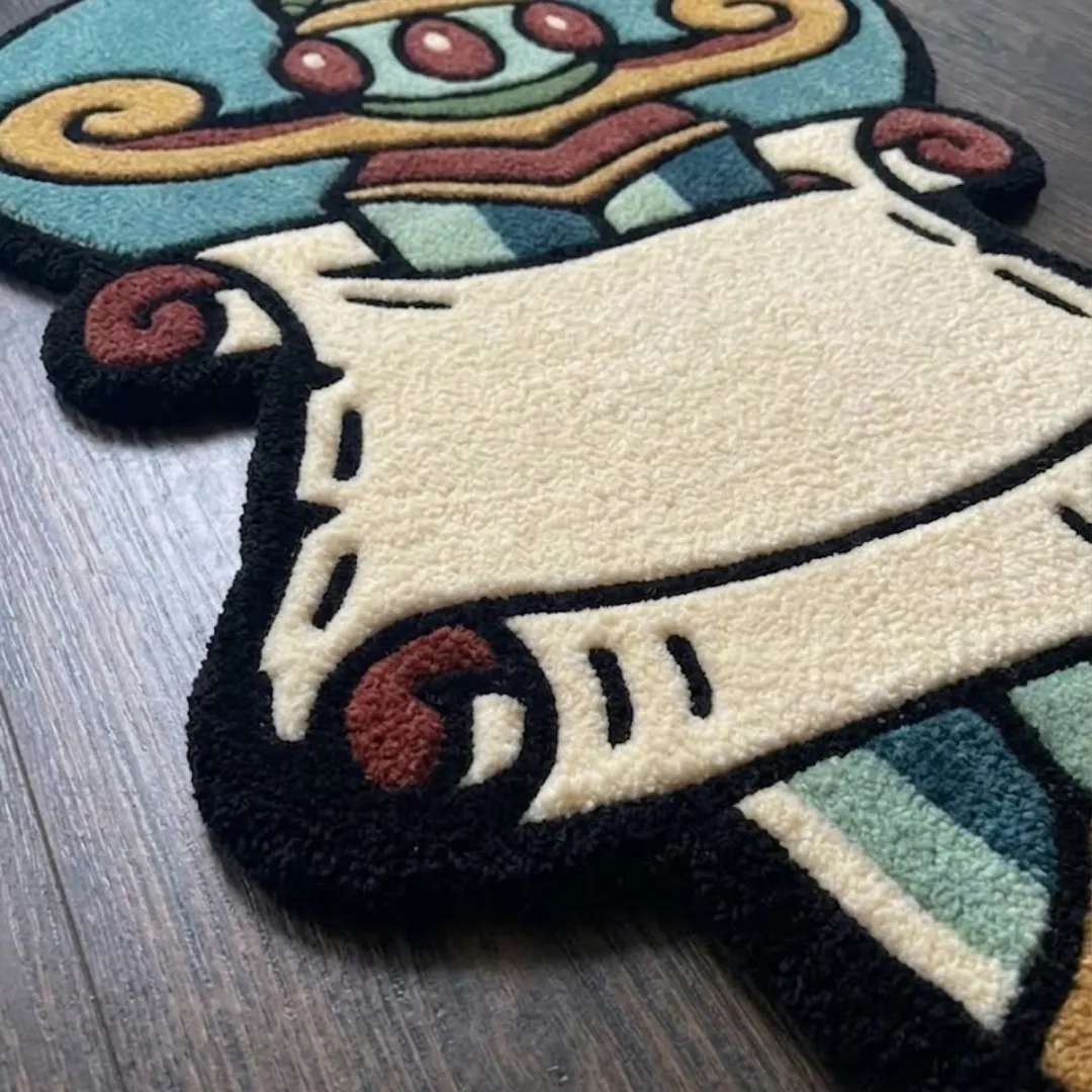 A macro close-up of the traditional dagger scroll rug, focusing on the dense, tufted wool pile and the intricate graphic design of the dagger handle and scroll edges.