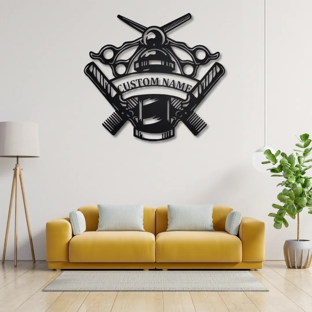 Custom barber shop metal wall decor with scissors and combs.